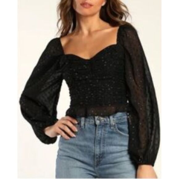 Lulus Black Sheer Swiss Dot Smocked Long Sleeve Top Women’s Size Medium Elegant - Picture 6 of 6